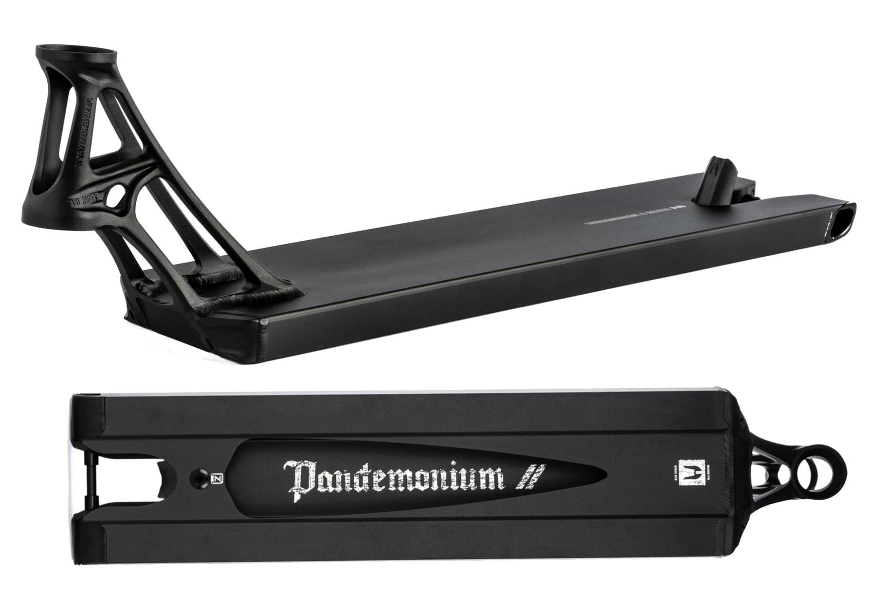 The Ethic DTC Pandemonium V2 Boxed Black Stunt Scooter Deck (5.5" x 19.7") is the lightest deck, featuring an angular open-frame neck and "Pandemonium" in white on the underside, shown side and bottom view against a white background.