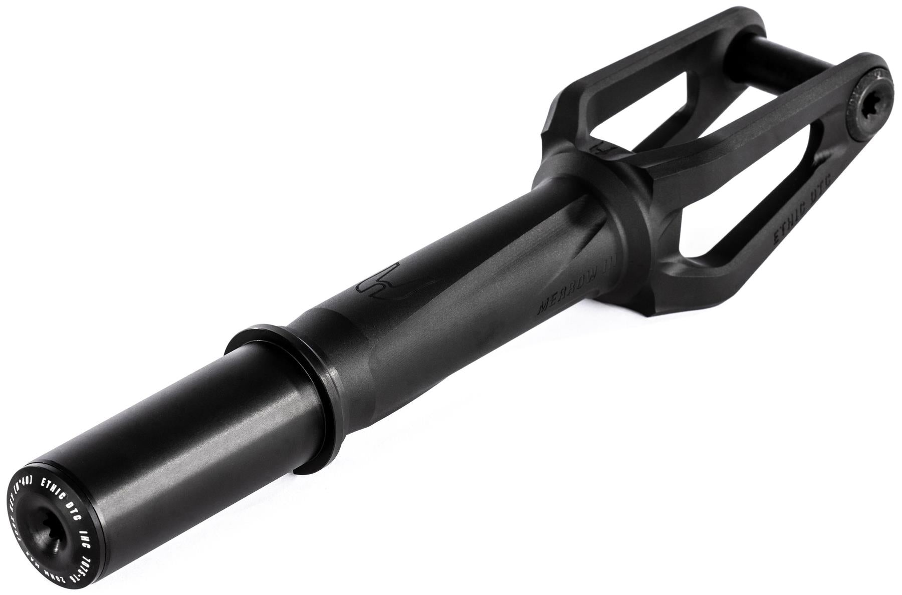 The Ethic DTC Merrow V3 8/12STD IHC Stunt Scooter Fork in black features a durable cylindrical base, angled arms, and precise detailing for secure wheel attachment. Lightweight yet strong, this Ethic fork adds minimal bulk to your stunt scooter.