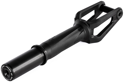 The Ethic DTC Merrow V3 8/12STD IHC Stunt Scooter Fork in black features a durable cylindrical base, angled arms, and precise detailing for secure wheel attachment. Lightweight yet strong, this Ethic fork adds minimal bulk to your stunt scooter.