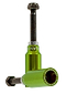 Two green Slamm Cylinder Stunt Scooter Pegs are shown in an L shape—one upright, one lying flat—with branded text from Slamm visible around the circular end. Bolts are also included.