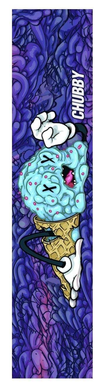 A vibrant graffiti-style illustration features an animated ice cream cone character topped with a blue scoop and adorned with pink sprinkles. The lively backdrop swirls in dynamic blue and purple tones, capturing the energetic spirit of a skatepark. "Chubby" is prominently displayed at the top, reflecting the distinctive style of Chubby Stunt Scooter Griptape - Ice Splatter.