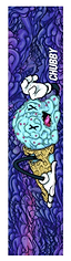 A vibrant graffiti-style illustration features an animated ice cream cone character topped with a blue scoop and adorned with pink sprinkles. The lively backdrop swirls in dynamic blue and purple tones, capturing the energetic spirit of a skatepark. "Chubby" is prominently displayed at the top, reflecting the distinctive style of Chubby Stunt Scooter Griptape - Ice Splatter.