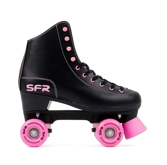 The SFR Figure Quad Roller Skates - Black / Pink feature pink polyurethane wheels, toe stop, eyelets, stitching, and SFR logo—ideal beginner skates for stylish fun.