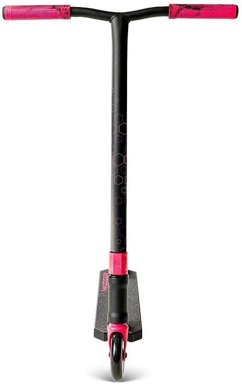 The Madd Gear (MGP) Viral Rave Complete Stunt Scooter - Melon is shown from the front, with pink handlebar grips, a black grip-taped deck, and a single front wheel.
