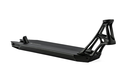 The Ethic DTC Pandemonium V2 Black Stunt Scooter Deck measures 5.1" x 21.3" and boasts a striking black appearance with detailed cutout designs and an ultra-lightweight build. It features a sleek matte finish and an angled neck for handlebar attachment, combining modern style with durability, making it ideal for customizing scooter builds.