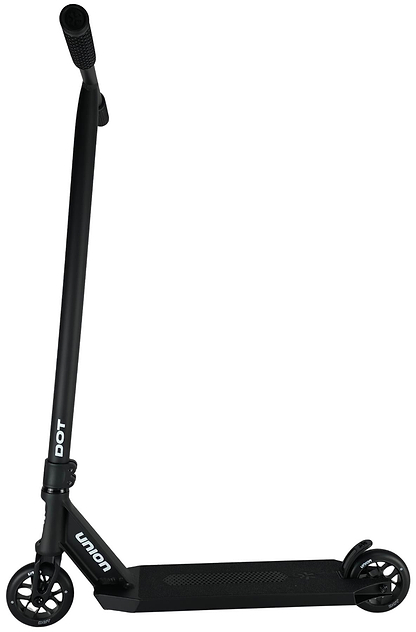 The Union Dot Complete Stunt Scooter - Black by Union features a tall handlebar, two small front wheels, and one rear wheel. Its lightweight deck is branded "Union," with "DOT" displayed vertically by the handlebar base.