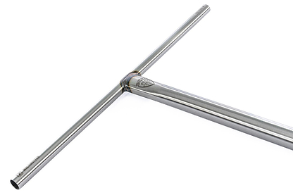 The Ethic DTC Tenacity V2 Steel Oversized HIC Stunt Scooter T-Bars feature a raw metal T-shape, reinforced welded center joint, small logo at the junction, and measure 620mm x 600mm.