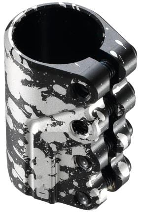 The Blunt Envy Omen 4 Bolt Oversized SCS Stunt Scooter Clamp - Splatter is a sturdy black clamp with a white splatter design, ideal for securing parts on your scooter and compatible with SCS compression systems.