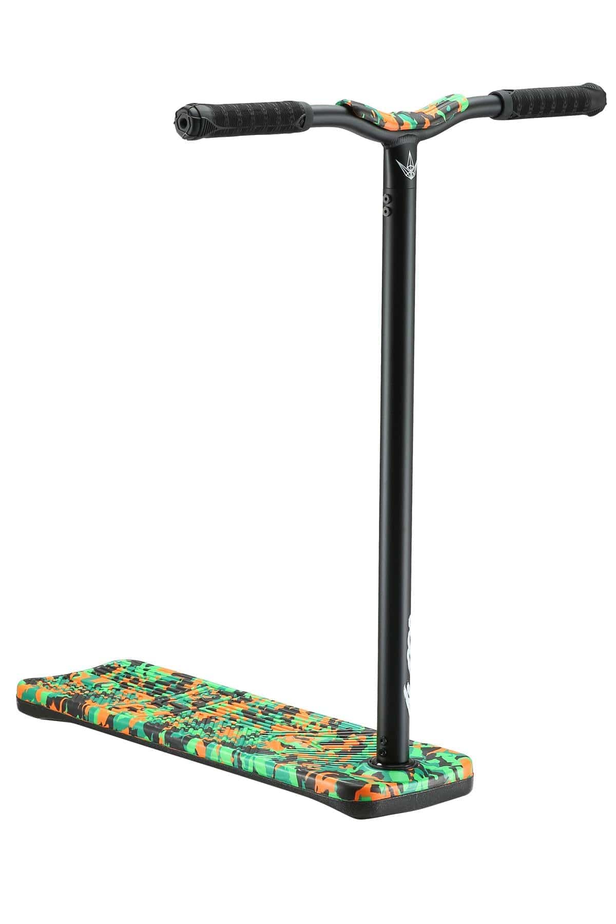The Blunt Envy TS Pro 7.5 Indoor Trampoline Stunt Scooter - Orange Camo features a sleek design with a black handlebar and a vibrant deck showcasing an orange camo pattern, making it perfect for executing impressive tricks and stunts.