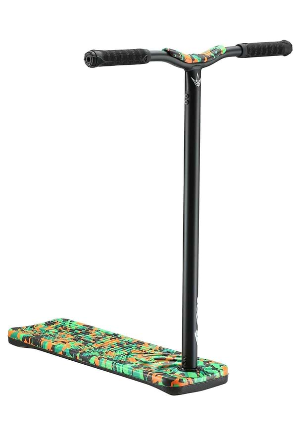 The Blunt Envy TS Pro 7.5 Indoor Trampoline Stunt Scooter - Orange Camo features a sleek design with a black handlebar and a vibrant deck showcasing an orange camo pattern, making it perfect for executing impressive tricks and stunts.