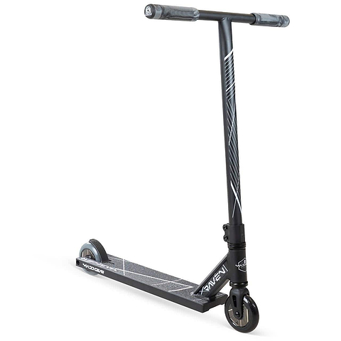 A black Madd Gear MG 1 Raven Complete Stunt Scooter with a wide deck, two small wheels, and a tall T-shaped handlebar. Features stylish design, brand name "Madd Gear (MGP)" on the deck and stem, and is built for lightweight performance.