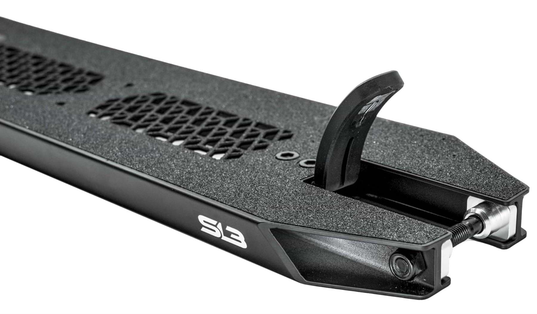 Close-up of the CORE SL3 Forged Black Stunt Scooter Deck, 5.25" wide with a textured grip, cutout patterns, integrated rear brake, and "SL3" logo visible on the side—built tough for park tricks.
