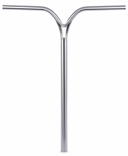 Ethic DTC Deildegast V2 Steel Oversized HIC Stunt Scooter Bars in Raw Silver (670mm x 600mm) by Ethic, featuring a Y-shaped design with a central stem and triangular cutout, shown against a white background.
