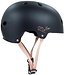 The Rio Roller Rose Skate/Scooter Helmet in black features "Rio Roller" in elegant light cursive on its side, complemented by beige adjustable straps and top ventilation holes, enhancing its sleek design.