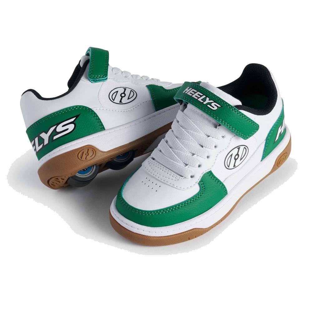 Heelys Rezerve Low X2 Boys Shoes in white, green, and gum feature a two-wheel heel design, Velcro strap, and brand logo—perfect for kids who want to roll or walk.
