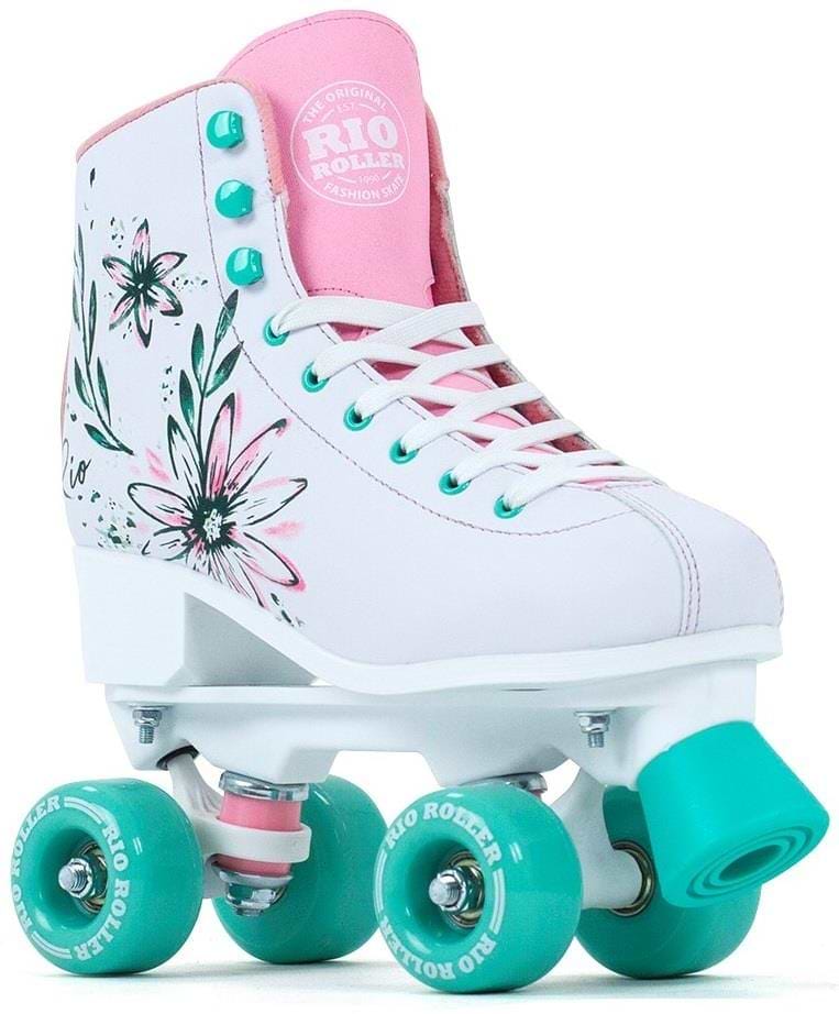 The Rio Roller Artist Quad Roller Skates - Flora features a white boot with pink and green floral designs, turquoise wheels, pink laces, and a cozy pink lining. The Rio Roller Skates logo is prominently displayed on the tongue.