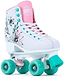 The Rio Roller Artist Quad Roller Skates - Flora features a white boot with pink and green floral designs, turquoise wheels, pink laces, and a cozy pink lining. The Rio Roller Skates logo is prominently displayed on the tongue.