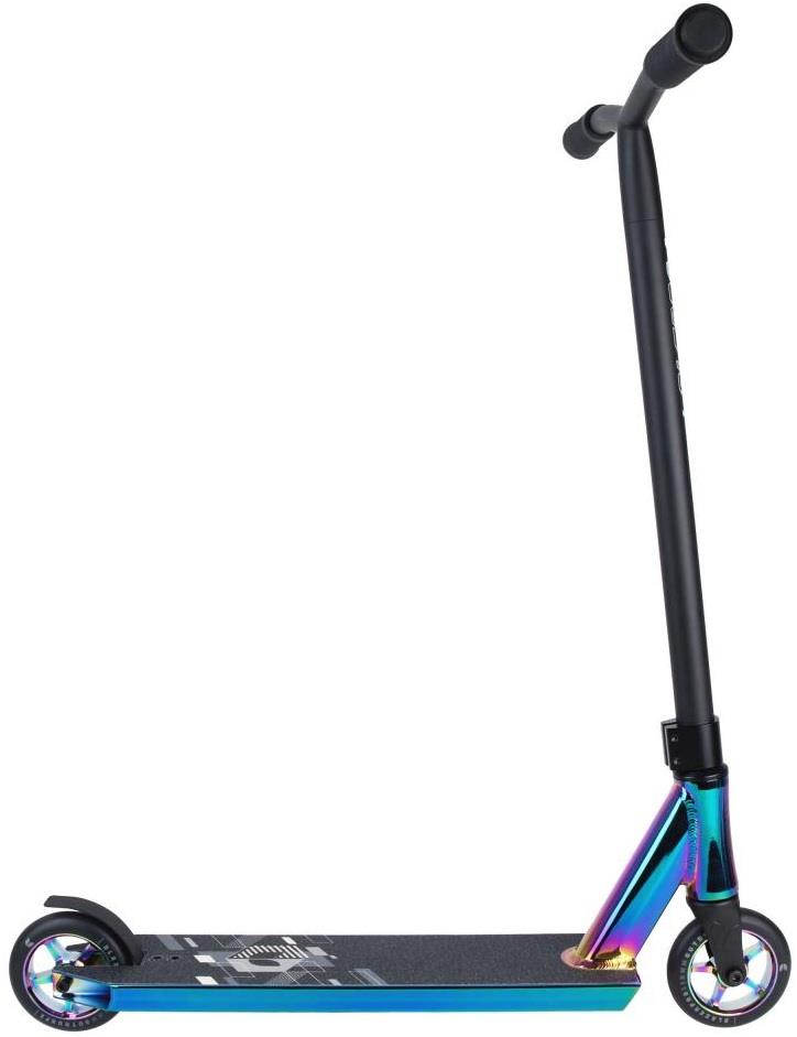The Blazer Pro Outrun 3 FX Complete Stunt Scooter - Neochrome by Blazer Pro is a beginner stunt scooter with a black handlebar, neochrome deck and fork, two small wheels, and rear fender brake—ideal for skateparks. Shown on a white background.