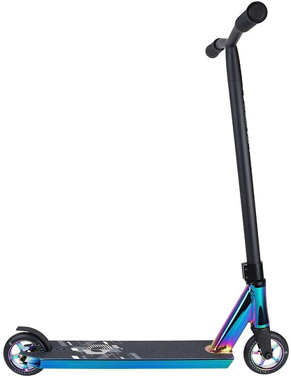 The Blazer Pro Outrun 3 FX Complete Stunt Scooter - Neochrome by Blazer Pro is a beginner stunt scooter with a black handlebar, neochrome deck and fork, two small wheels, and rear fender brake—ideal for skateparks. Shown on a white background.