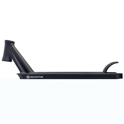 The Root Industries Invictus V2 Black Stunt Scooter Deck (4.8" x 20") is shown in side profile against a white background, featuring an angled headtube and a curved rear brake for lightweight performance.