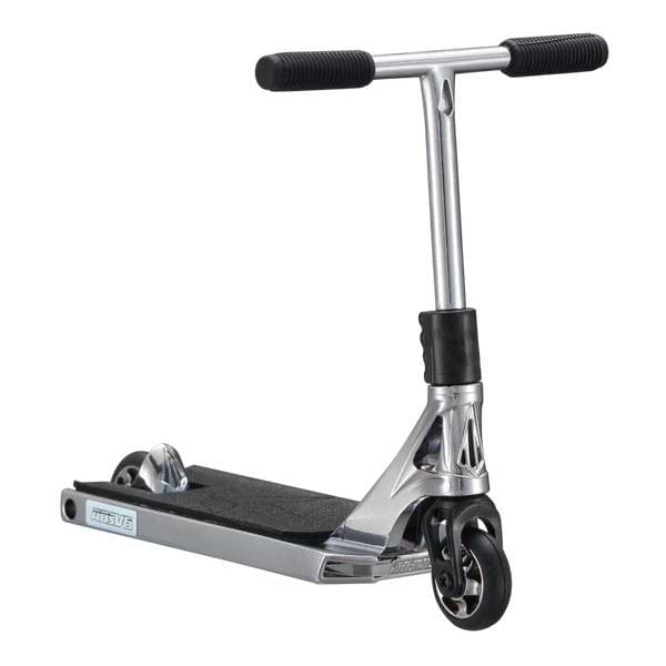 The Blunt Envy AOS V6 Finger Scooter in chrome features black handlebar grips, a black deck surface, and two black wheels, all showcased against a white background.