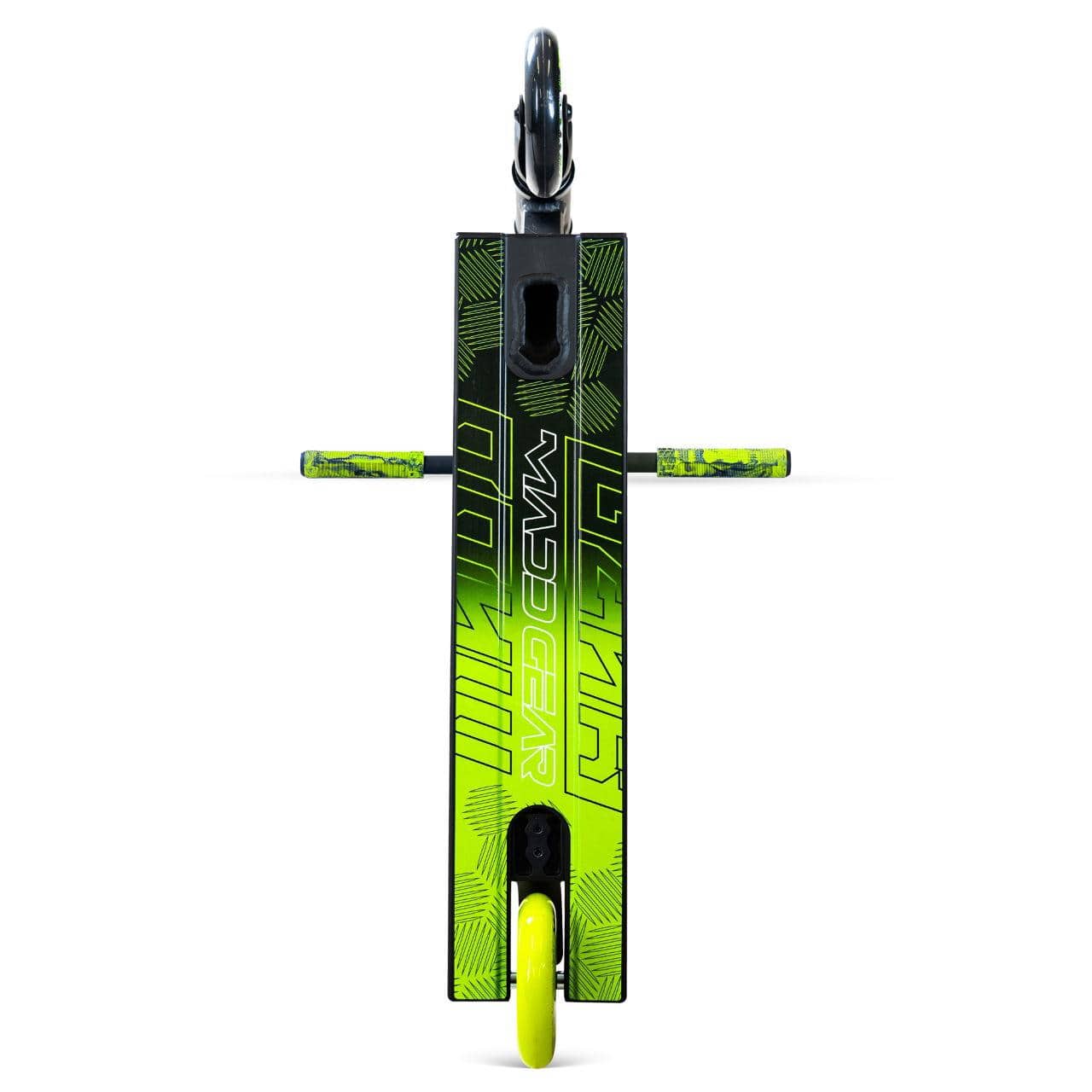 A top-down view of the Madd Gear MG 3 Zen Complete Stunt Scooter in Black/Lime with "Madd Gear" branding on the deck and neon green wheels, shown against a white background—ideal for your next adventure.