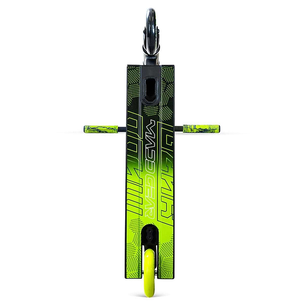 A top-down view of the Madd Gear MG 3 Zen Complete Stunt Scooter in Black/Lime with "Madd Gear" branding on the deck and neon green wheels, shown against a white background—ideal for your next adventure.