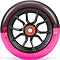 A close-up of the Madd Gear MFX Syndicate AR120 Dual Urethane stunt scooter wheel in black and pink shows the "MGP Action Sports | Est. 2002 | 120mm | 88A | MGP Proprietary PU Blend" text and an ABEC 11 bearing at the center.