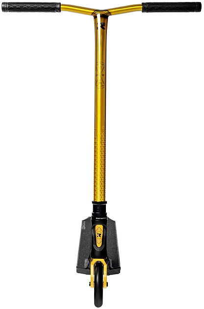 Front view of the Root Industries Invictus V3 Complete Stunt Scooter - Burnt Gold, featuring black handlebars, a gold stem, single black front wheel, and a black deck with grip tape and visible Root Industries branding on stem and deck.