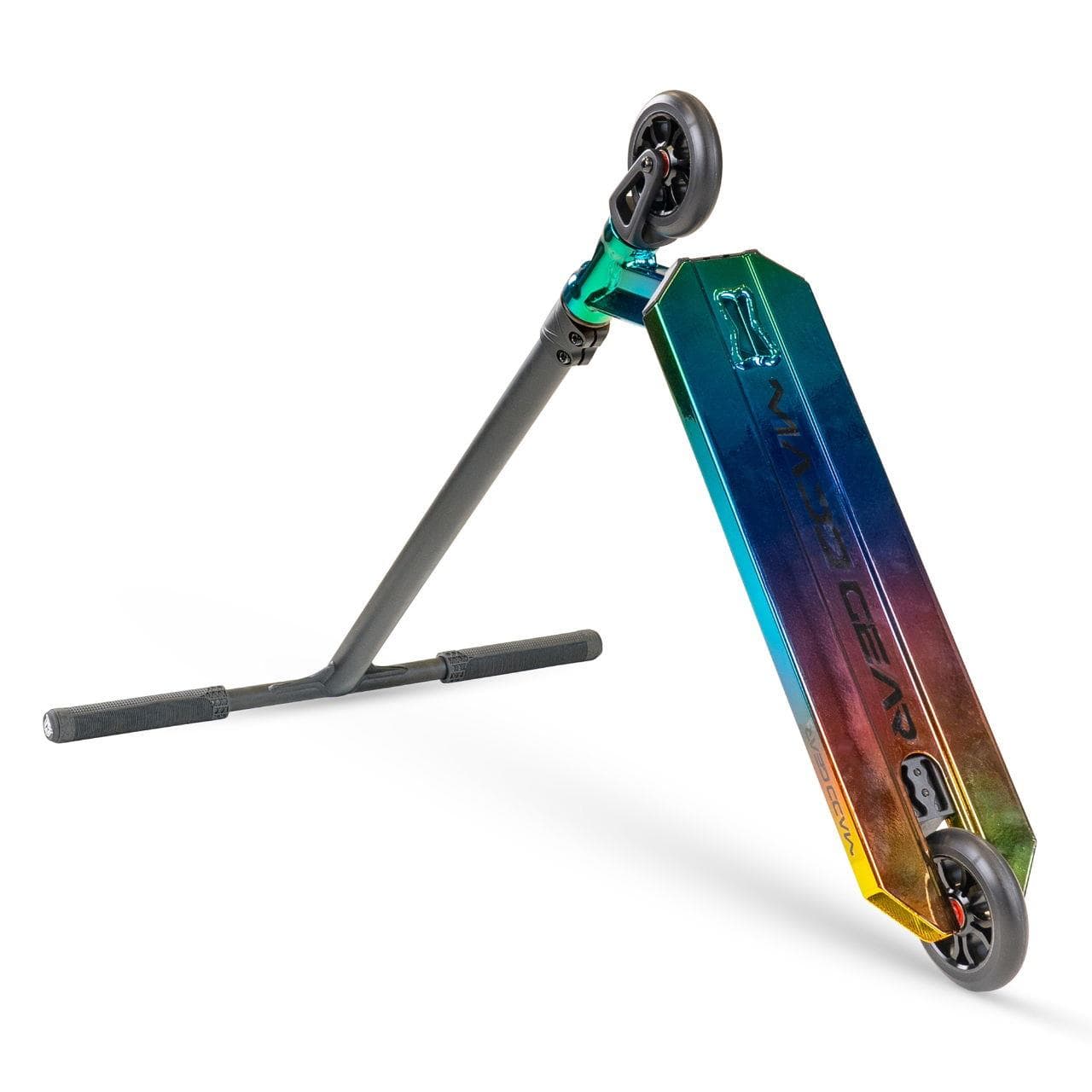 The Madd Gear MG 6 Kinetic Complete Stunt Scooter in Neochrome/Black features a black handlebar, metallic rainbow-colored aluminum deck, and high-speed bearings, shown angled on a white background.