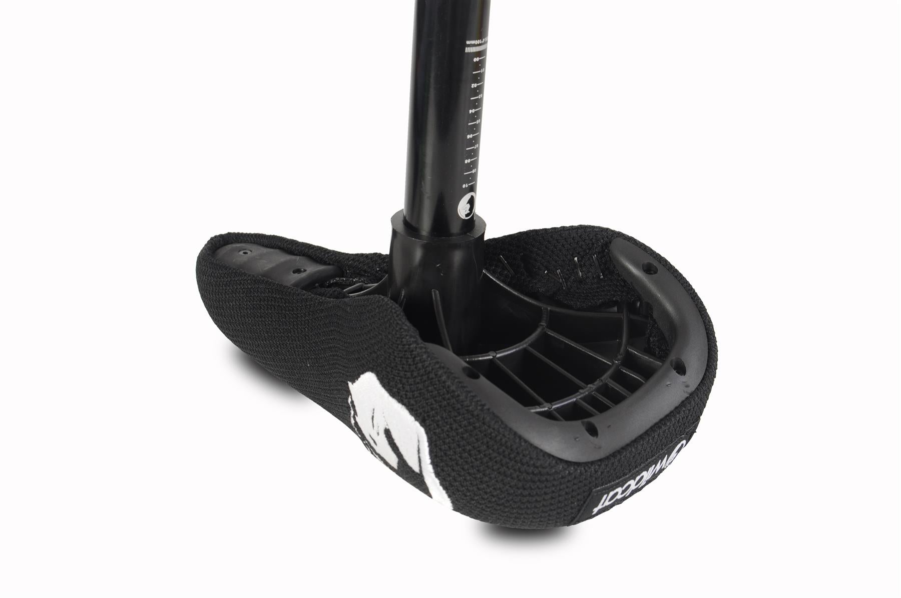 A close-up of a black unicycle seat with a textured cover and white graphic, attached to a seat post with measurement lines, similar to the durable chromoly steel handlebars on the Wildcat OG 3A Mini BMX Bike - Royal Red by Wildcat.