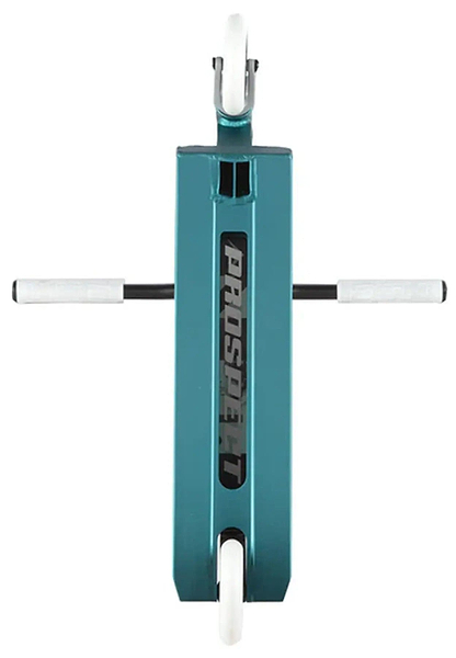 Top view of the Lucky Prospect 2025 Complete Stunt Scooter - Daydream deck in teal, with Lunar Hollow Core Wheels and transparent grips. "PROSPECT" is printed on the deck, showcasing this lightweight scooter's stylish design.