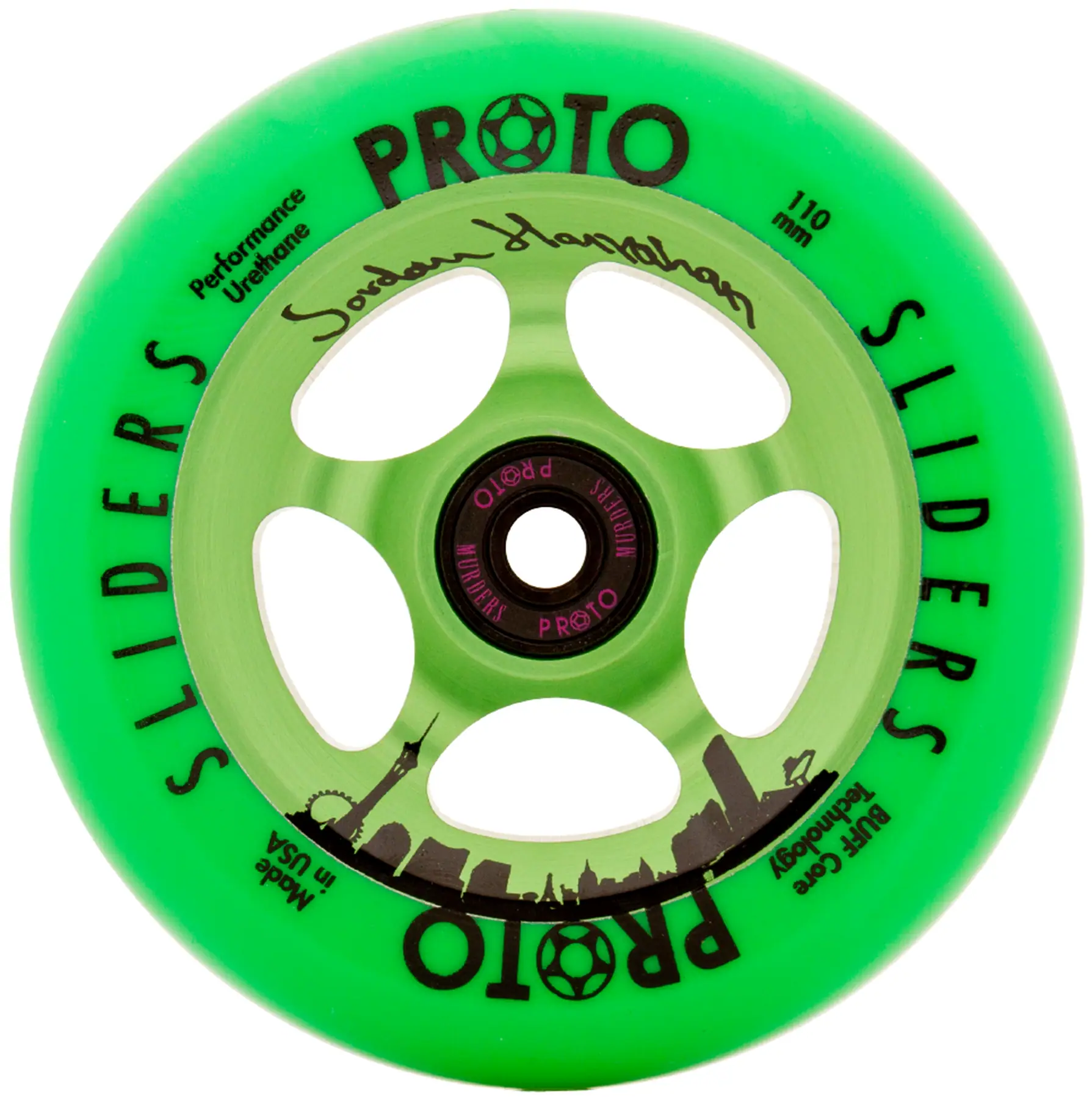 The Proto Slider Jordan Hanrahan Signature 110mm Stunt Scooter Wheel - Sin City features BUFF Core Tech, a city skyline, black "Jordan Hanrahan Signature" text, and a five-spoke core with the Proto logo—ideal for stunt scooters.