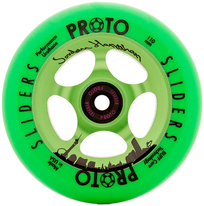 The Proto Slider Jordan Hanrahan Signature 110mm Stunt Scooter Wheel - Sin City features BUFF Core Tech, a city skyline, black "Jordan Hanrahan Signature" text, and a five-spoke core with the Proto logo—ideal for stunt scooters.