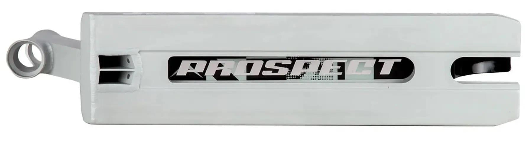 Close-up of the Lucky Prospect 2025 Matte Raw Stunt Scooter Deck (5" x 19.5") by Lucky, featuring a "PROSPECT" cutout, clean edges, rear axle mount, and expanded foot space for enhanced performance on a black background.