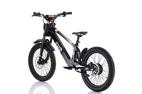 The Revvi 20" Kids Electric Balance Bike - Black, by Revvi, features a black and red design with thick off-road rubber air-filled tires, front and rear disc brakes, a front suspension fork, a large battery on the frame for thrilling adventures, and is shown against a white background.