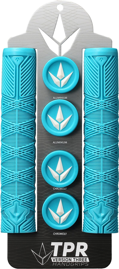 Blunt Envy V3 Teal Stunt Scooter Grips (160mm) are shown vertically on a black and silver card labeled "TPR Version Three Handgrips," featuring aluminum and chromoly end caps—ideal stunt scooter accessories.