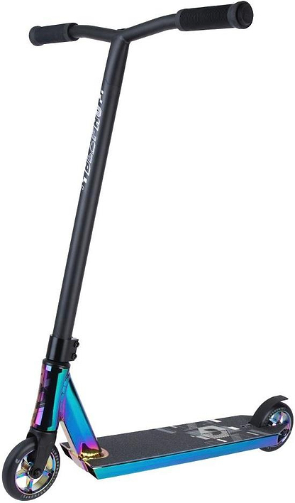 The Blazer Pro Outrun 3 FX Complete Stunt Scooter - Neochrome features rainbow-colored metal parts, black handlebars, and grip tape—ideal for beginners learning tricks and stunts at the skatepark.