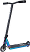 The Blazer Pro Outrun 3 FX Complete Stunt Scooter - Neochrome features rainbow-colored metal parts, black handlebars, and grip tape—ideal for beginners learning tricks and stunts at the skatepark.
