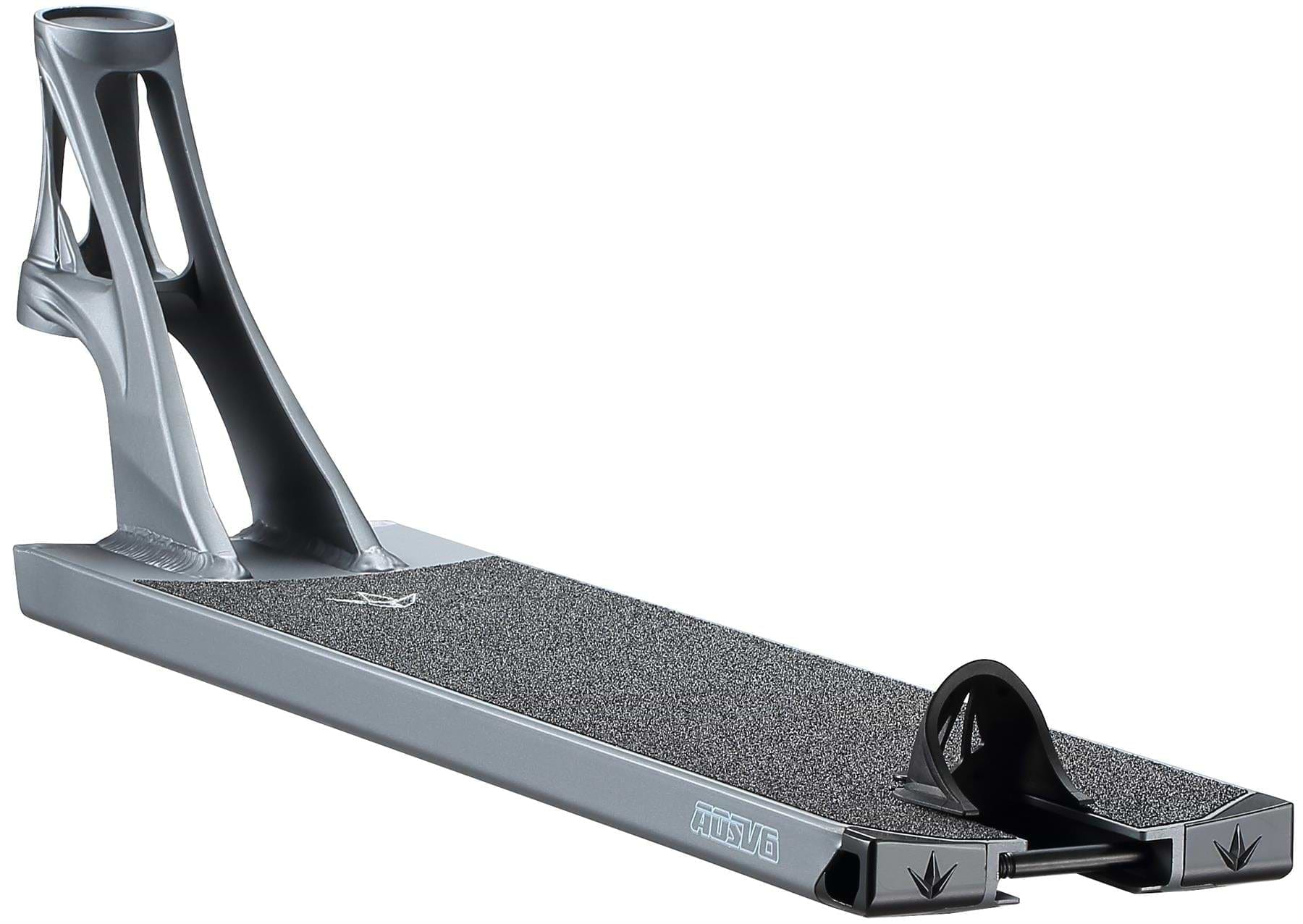 A Blunt Envy AOS V6 Squad Grey Stunt Scooter Deck (5.5" x 22") with black grip tape, shown angled to display its open neck, head tube design, spacious foot area, rear wheel guard, and subtle logo near the back.
