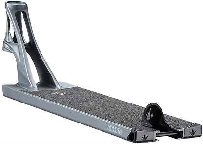 A Blunt Envy AOS V6 Squad Grey Stunt Scooter Deck (5.5" x 22") with black grip tape, shown angled to display its open neck, head tube design, spacious foot area, rear wheel guard, and subtle logo near the back.