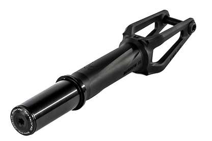 The Ethic DTC Merrow V3 IHC Stunt Scooter Fork in black by Ethic is a lightweight, 7075 aluminium fork with a modern design featuring dual prongs and a cylindrical end, shown isolated on a white background.