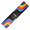 A skateboard deck featuring a black background adorned with vibrant wave patterns in shades of blue, red, yellow, and pink along the edges. The word "ROOT" is prominently displayed in the center in multicolored letters, enhanced by top-notch grip from Root Industries Stunt Scooter Griptape - Donuts, renowned for its high-quality materials.