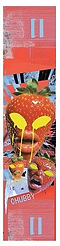 The Chubby Stunt Scooter Griptape - Strawberry Farm features a surreal collage of a large strawberry with yellow liquid on a red, abstract background—ideal for riders seeking unique griptape from the Chubby brand.