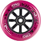 The Longway Tyro 100mm Nylon Core Scooter Wheel in pink features a durable nylon core, black spokes, central bearing, and an 88A urethane outer edge with white "TYRO" text, animal silhouettes, and splattered black graphics.