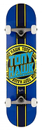 The Tony Hawk SS 180+ Badge Logo Blue/Yellow Complete Skateboard (7.5" x 31") features a bold central logo, striking blue and yellow design, and white wheels—an ideal complete skateboard for beginners from Tony Hawk.
