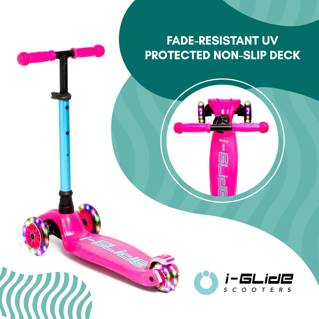 The "i-Glide 3-Wheel LED Kids Scooter - Pink/Aqua" showcases a lively pink design with a blue adjustable height handlebar and LED wheels. It features a fade-resistant, UV-protected, non-slip deck for safety. The I-Glide brand logo is proudly displayed on the bottom, ensuring authenticity and style.