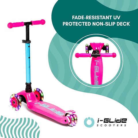 The "i-Glide 3-Wheel LED Kids Scooter - Pink/Aqua" showcases a lively pink design with a blue adjustable height handlebar and LED wheels. It features a fade-resistant, UV-protected, non-slip deck for safety. The I-Glide brand logo is proudly displayed on the bottom, ensuring authenticity and style.