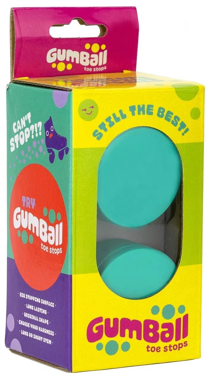 A vibrant box of Gumball Roller Skate Toe Stops, Mint Blue, features two teal stops visible through a window. The purple, pink, and yellow packaging sports playful graphics and text touting their unique rubber blend's unrivaled stopping power with phrases like "Still the Best!" and "Can't Stop?!?.