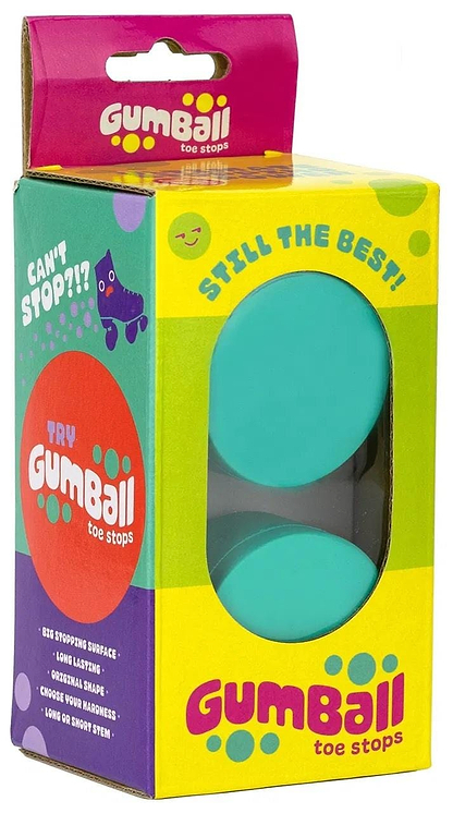 A vibrant box of Gumball Roller Skate Toe Stops, Mint Blue, features two teal stops visible through a window. The purple, pink, and yellow packaging sports playful graphics and text touting their unique rubber blend's unrivaled stopping power with phrases like "Still the Best!" and "Can't Stop?!?.